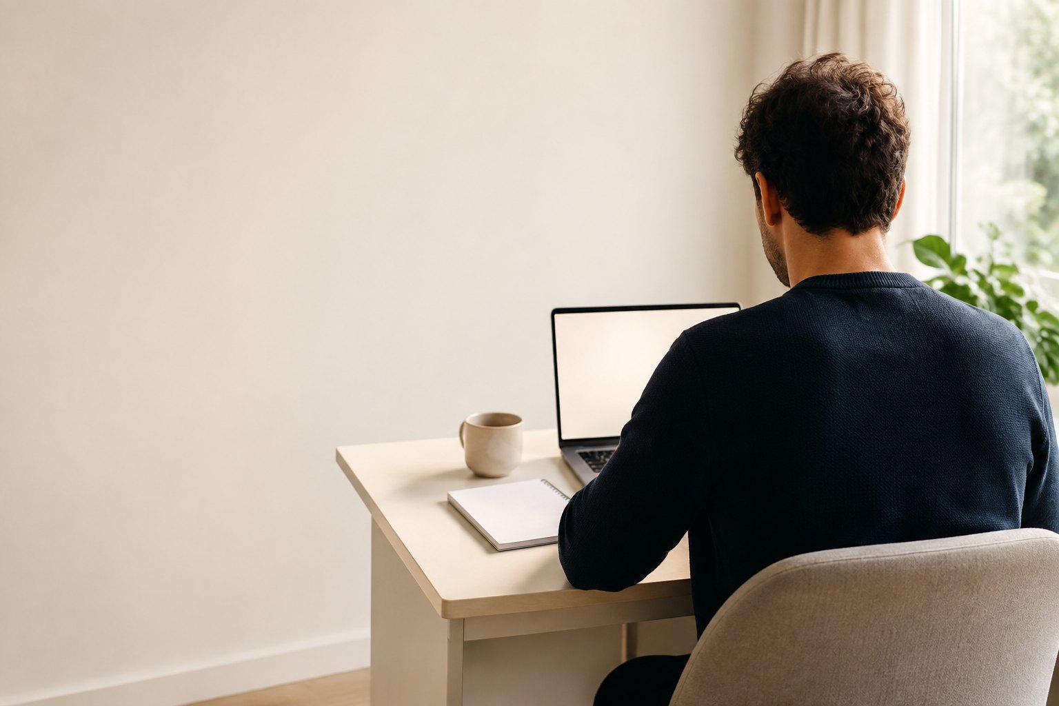 自然光の部屋でノートパソコンに向かう発信者の後ろ姿